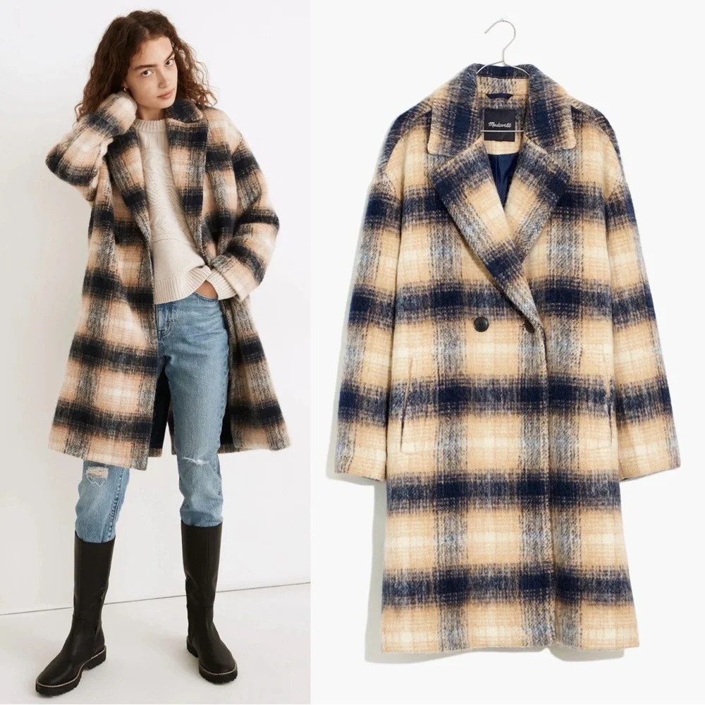 Madewell • Courton Cocoon Coat in Plaid tan blue Warm Hickory wool - Picture 1 of 12
